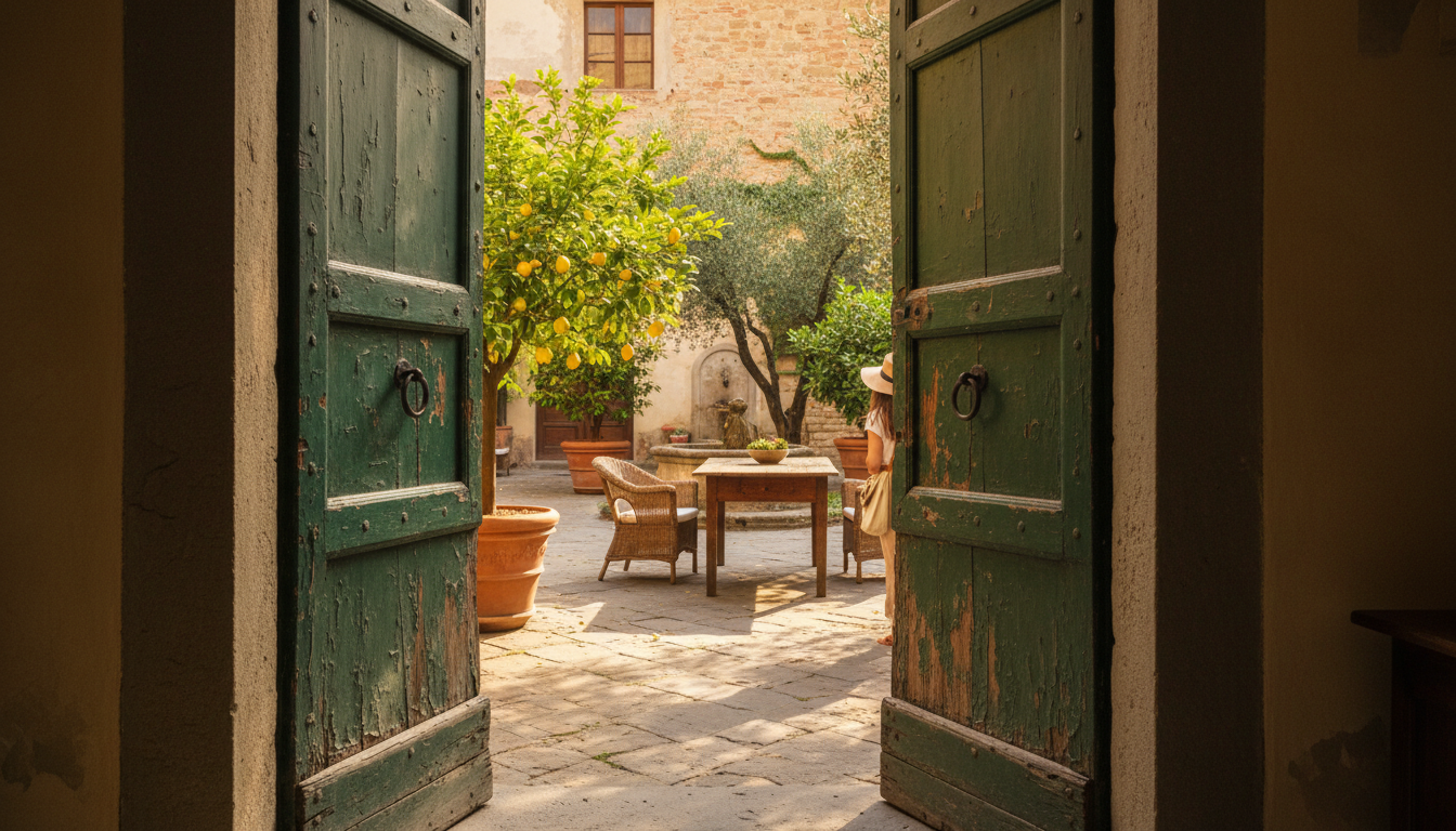A weathered wooden door in Florences San Frediano neighborhood, slightly ajar, revealing a glimpse o