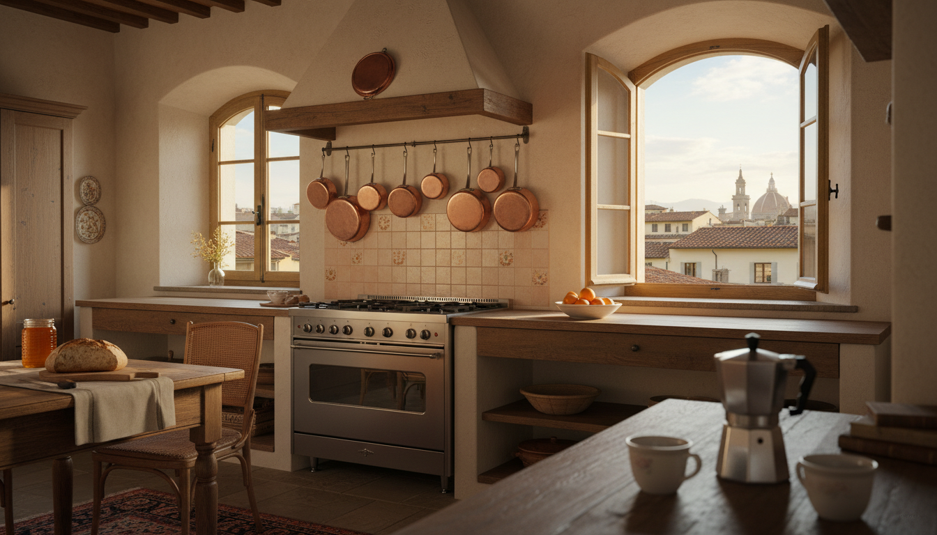 A cozy Florentine kitchen with a gas stovetop, copper pots hanging on the wall, a small espresso mak