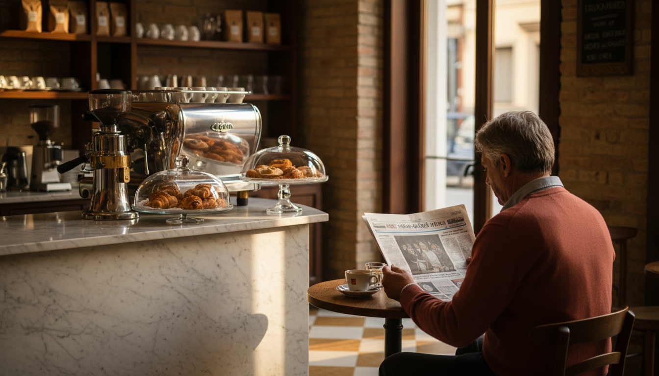 An Italian espresso bar interior with a marble counter, vintage Gaggia machine, pastries under glass