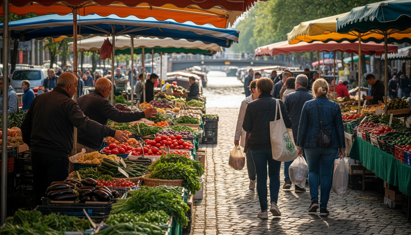 bustling Trkenmarkt on the Maybachufer canal with colorful produce stalls, elderly Turkish vendors,