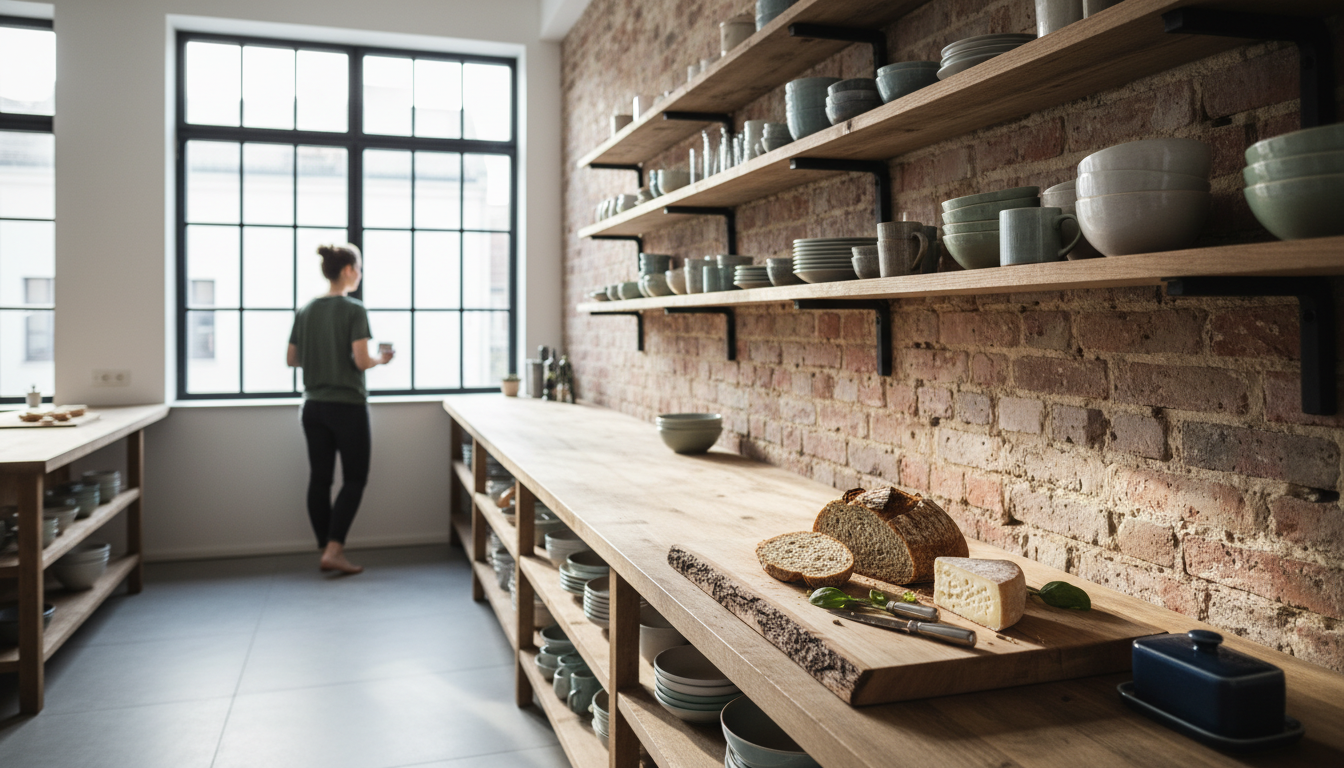 bright Berlin apartment kitchen with exposed brick, open shelving displaying mismatched ceramics, a