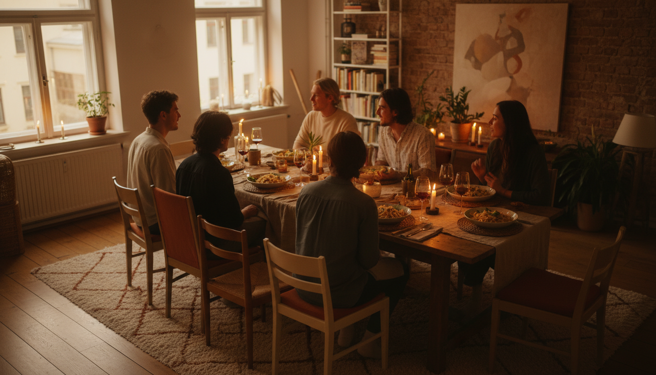evening dinner party scene in a Berlin apartment with mismatched chairs around a wooden table, candl