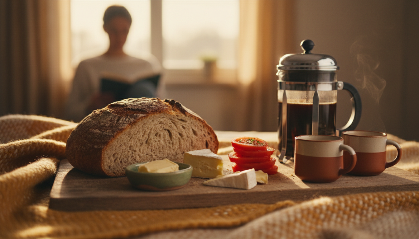 rustic breakfast spread on a wooden board with German sourdough bread, butter in a ceramic dish, sof