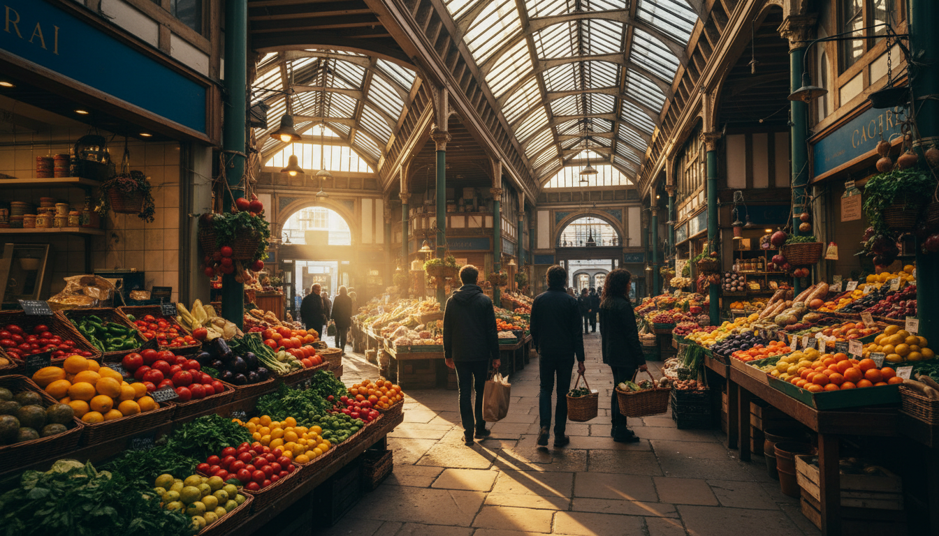 Morning light streaming through the Victorian glass roof of Oxfords Covered Market, showing historic