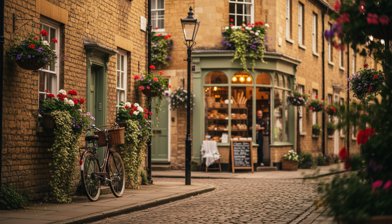 Charming terraced houses on a quiet Jericho street with window boxes full of flowers, a bicycle lean