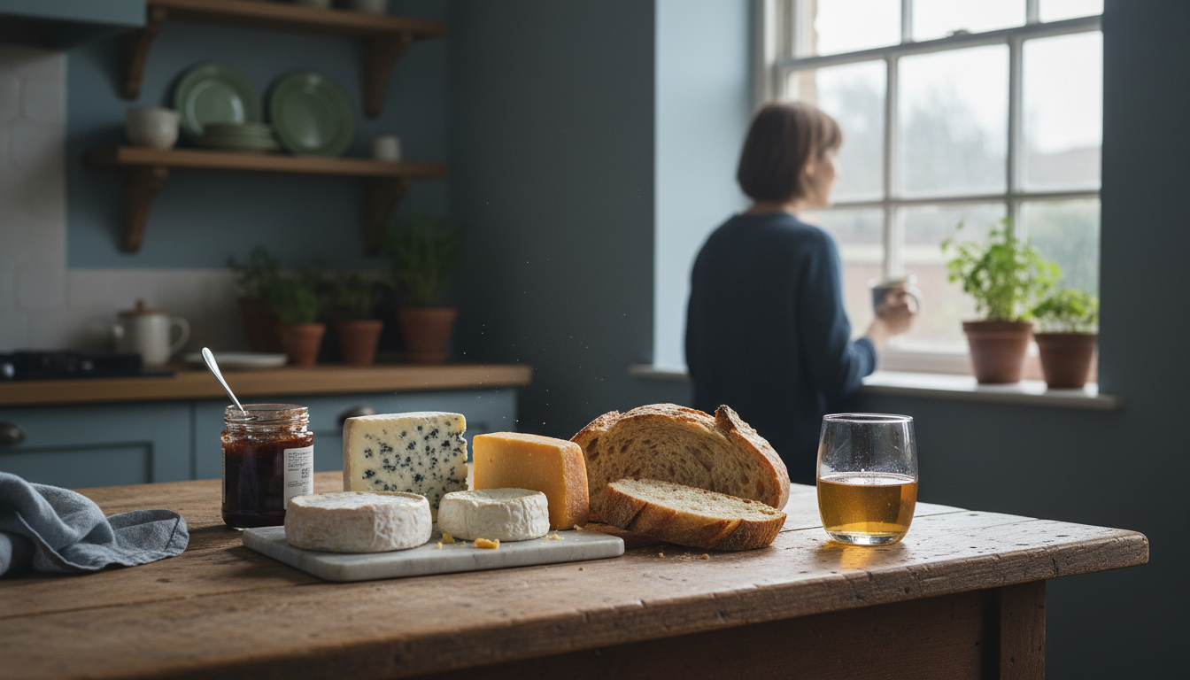 A rustic wooden table spread with British cheese, crusty bread, chutney, and a glass of local cider,