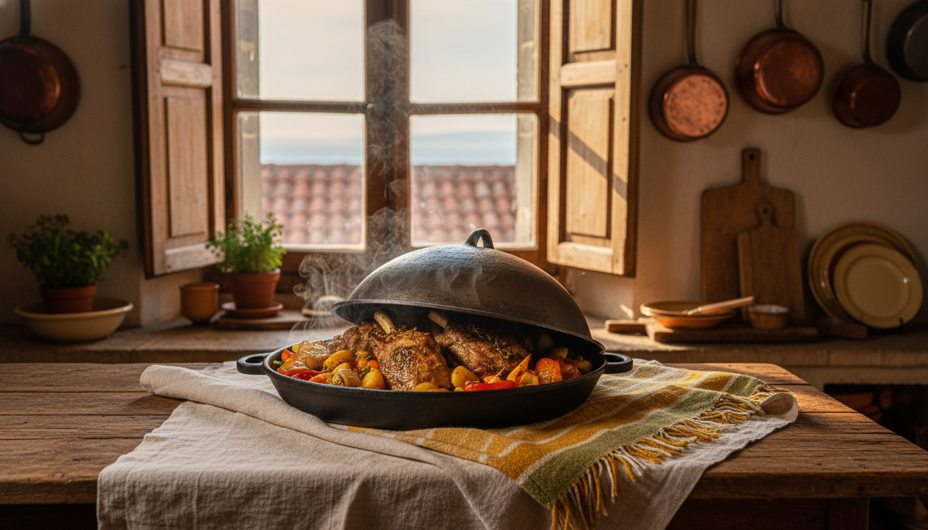 Steam rising from a traditional peka dish with lamb and vegetables, rustic Croatian kitchen with ter