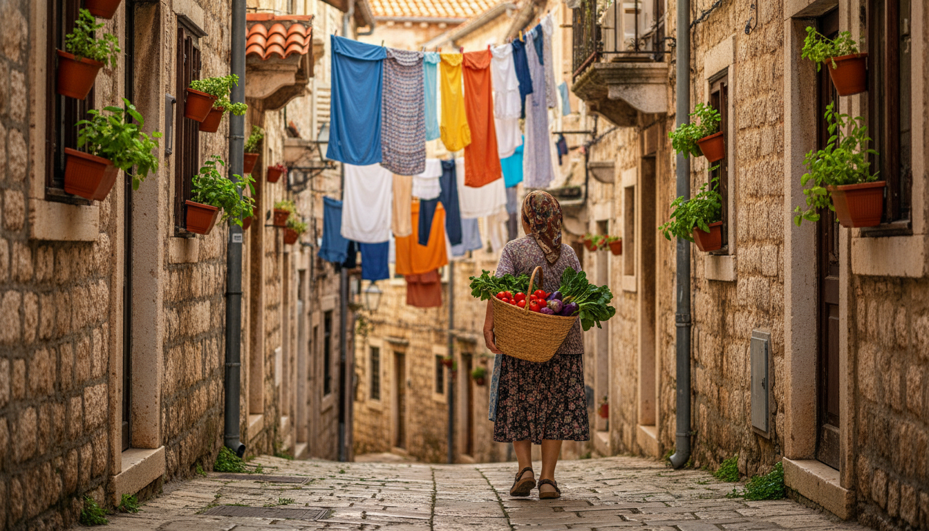 Narrow stone street in Varo neighborhood with laundry hanging between buildings, potted herbs on win