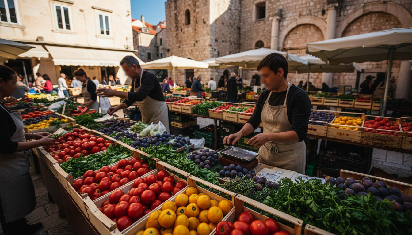 Overhead view of Pazar market at morning peak, wooden crates overflowing with red and yellow tomatoe