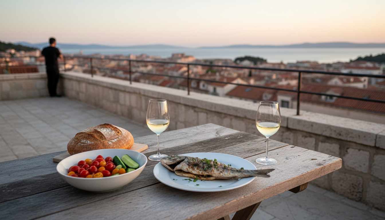 Simple dinner spread on a weathered wooden tablewhole grilled fish on a white plate, tomato salad gl