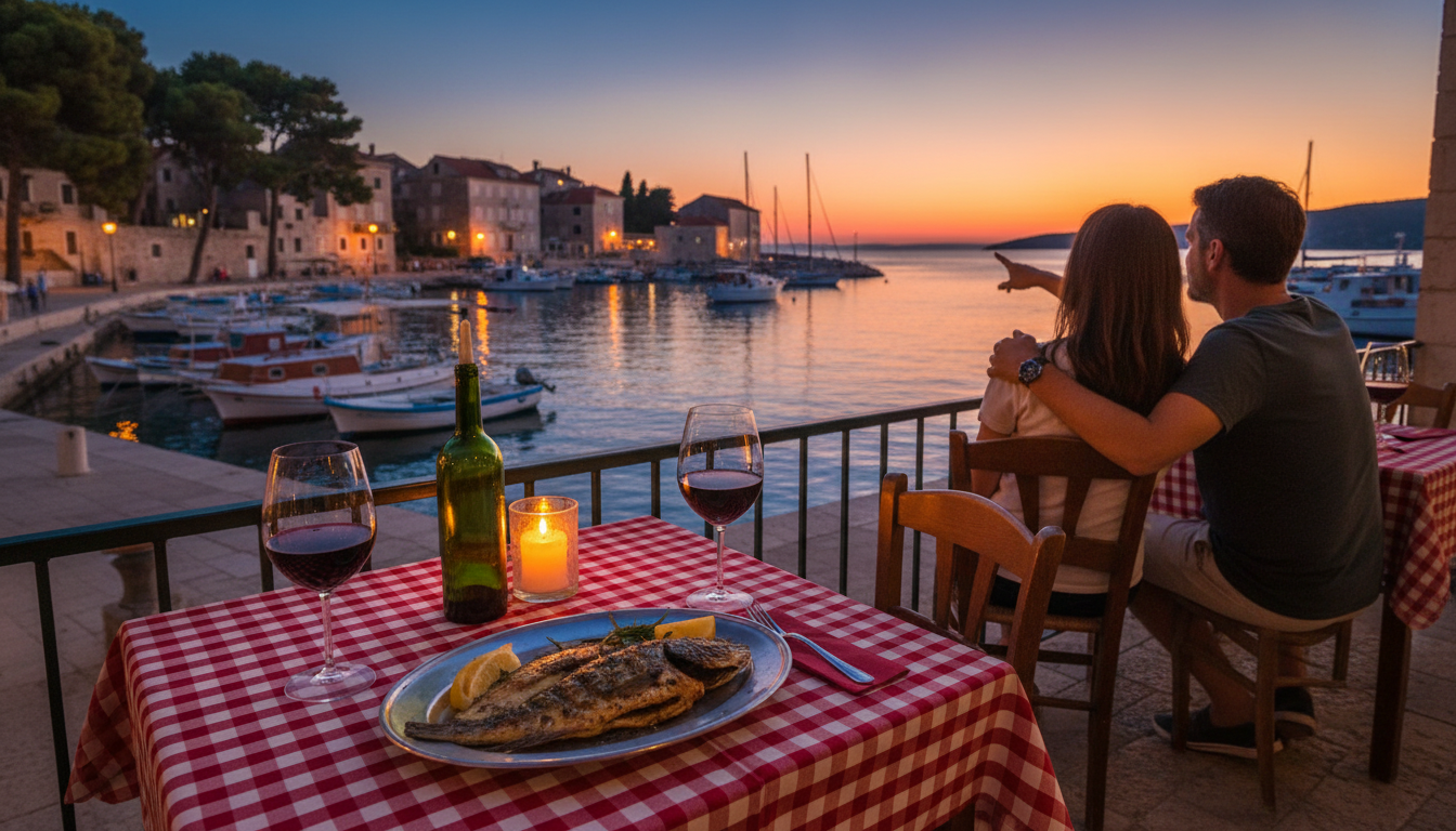 Evening scene at a small konoba terrace, checkered tablecloths, candles in wine bottles, view of sma
