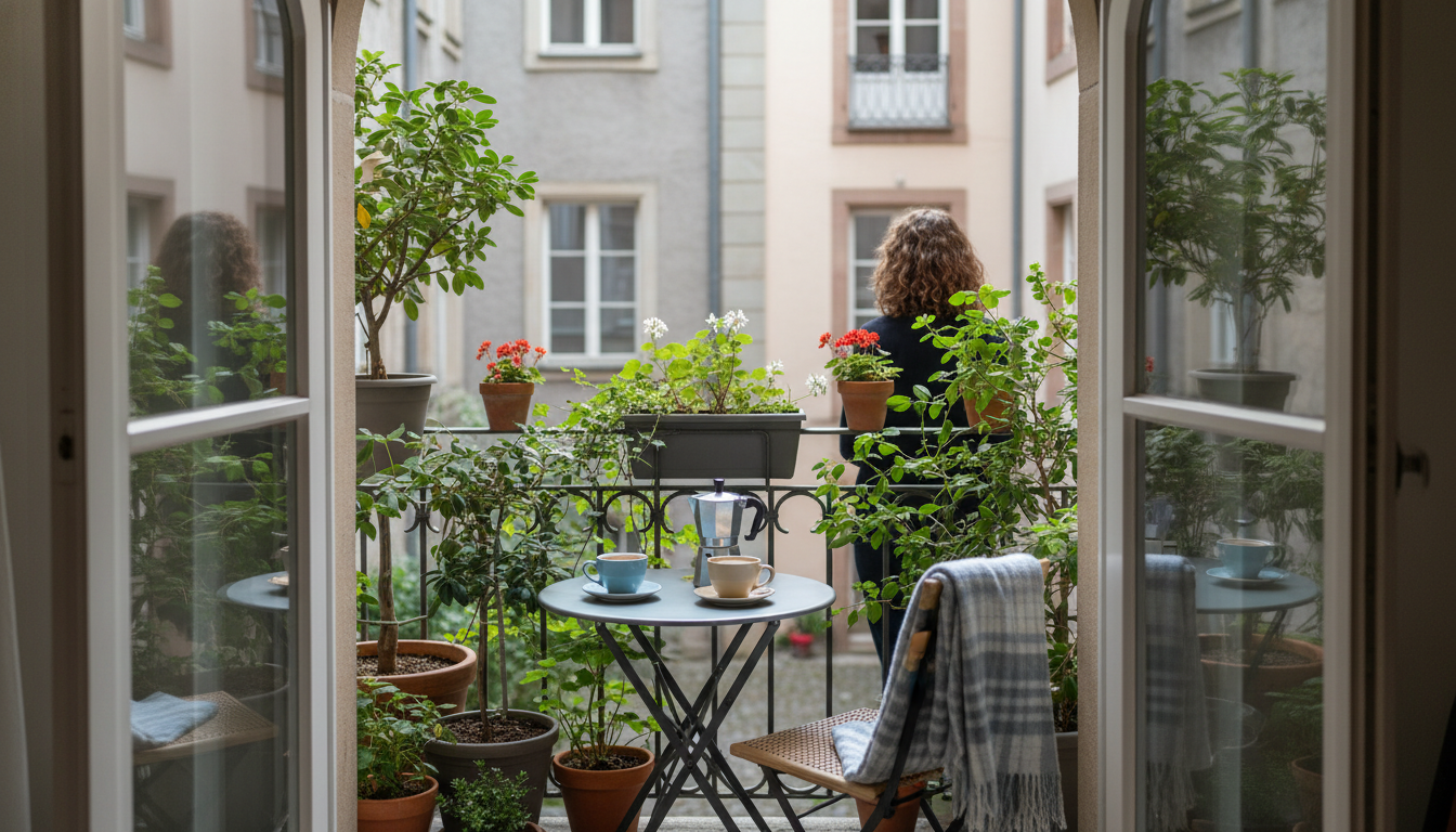Morning light streaming through tall windows of a cozy Frankfurt apartment, two coffee cups on a sma
