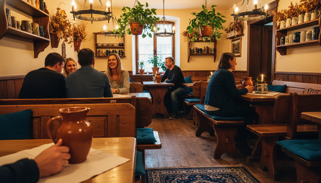 Cozy interior of a traditional Apfelwein tavern in Sachsenhausen with wooden benches, couples sharin