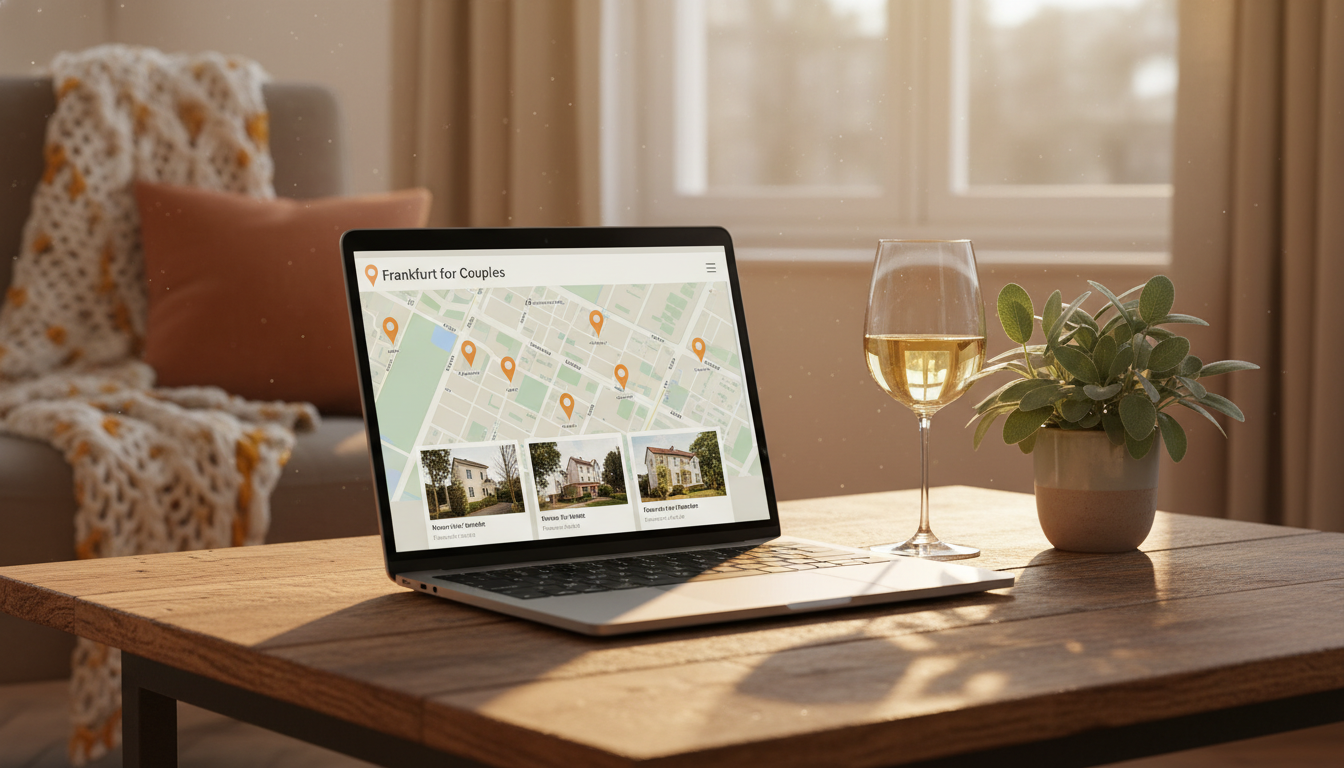Laptop open on a wooden table showing home exchange listings, with a glass of white wine and a small