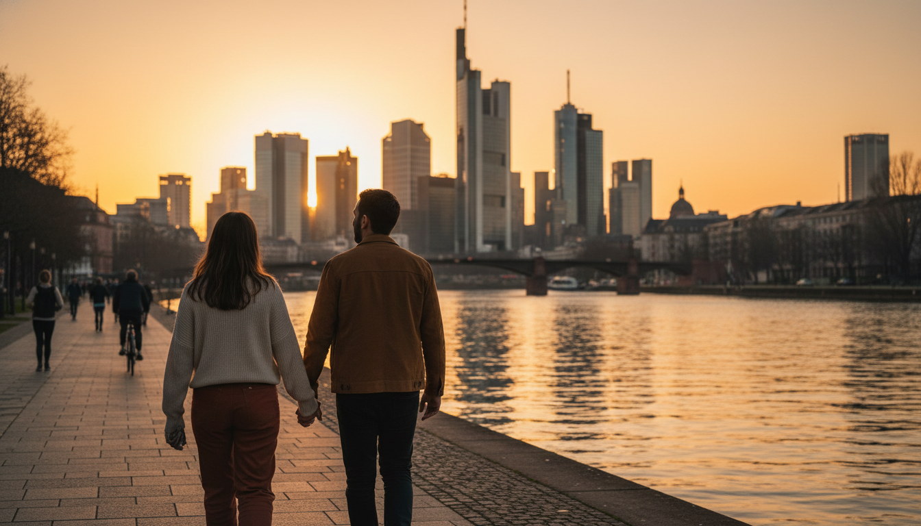 Couple walking hand-in-hand along the Main River at sunset, Frankfurt skyline silhouetted in warm or