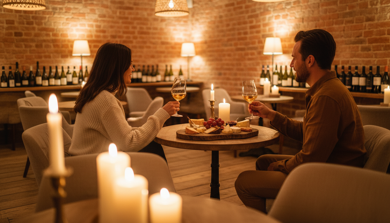 Intimate wine bar interior with exposed brick, candles on small tables, couple sharing a cheese boar