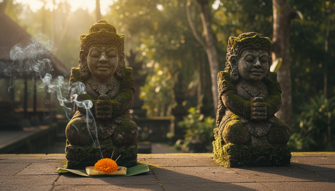 Moss-covered stone statues at Pura Dalem Ubud in late afternoon golden light, incense smoke curling