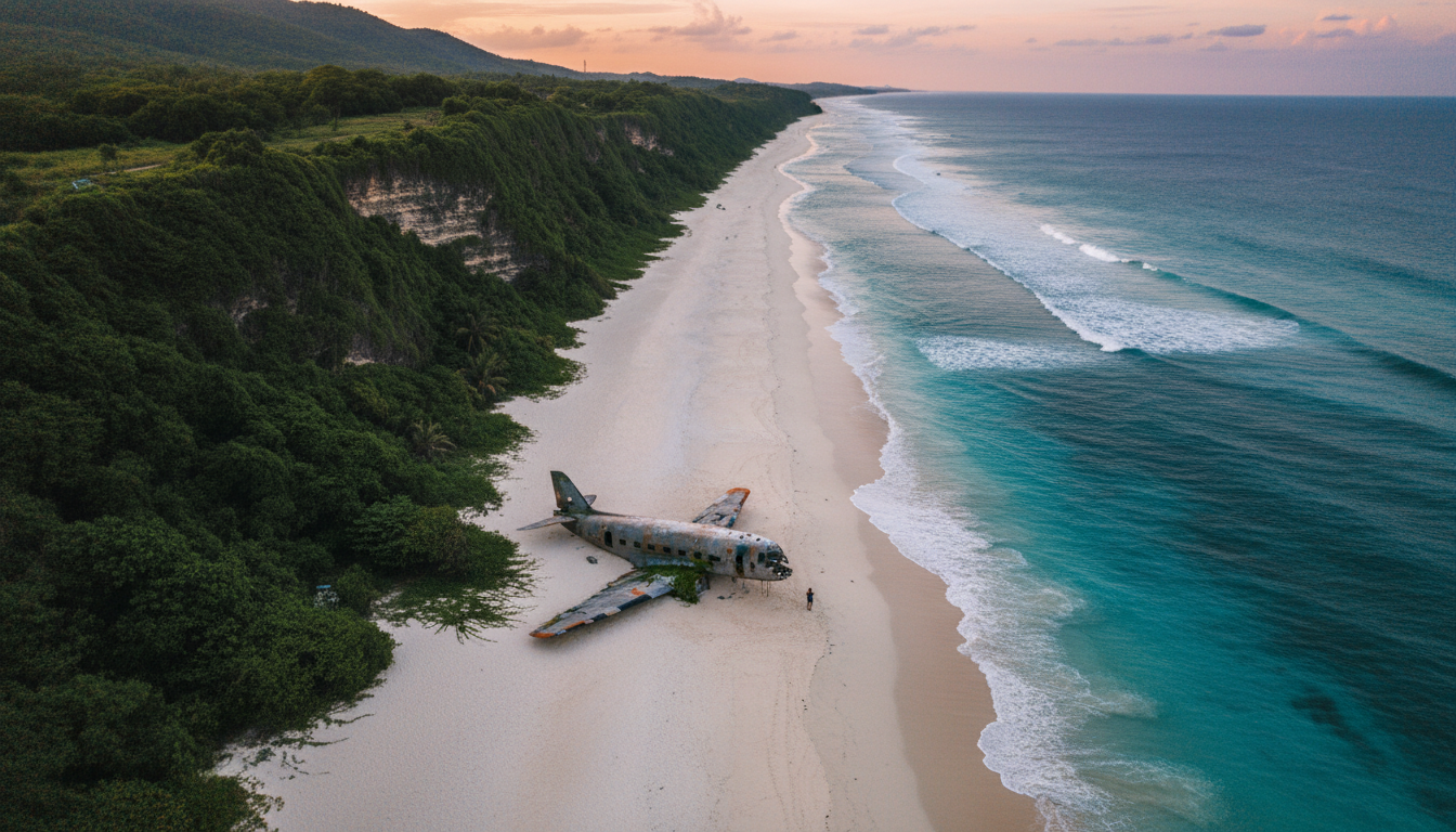 Aerial view of Nyang Nyang Beach showing the dramatic cliff descent, white sand stretching into the
