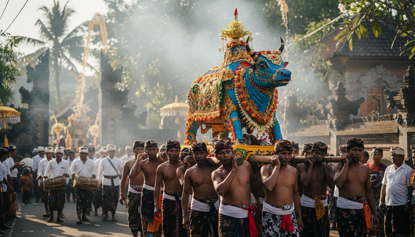 Elaborate cremation ceremony procession in a Balinese village, colorful paper bull structure being c