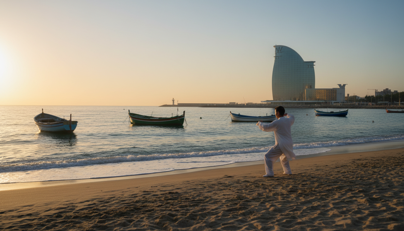 Early morning light on Barceloneta beach with a lone figure doing tai chi, fishing boats in the back