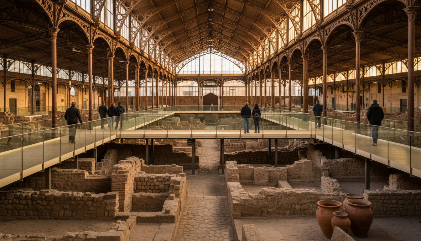 Interior of El Born Cultural Centre showing the iron market structure above excavated 18th-century B