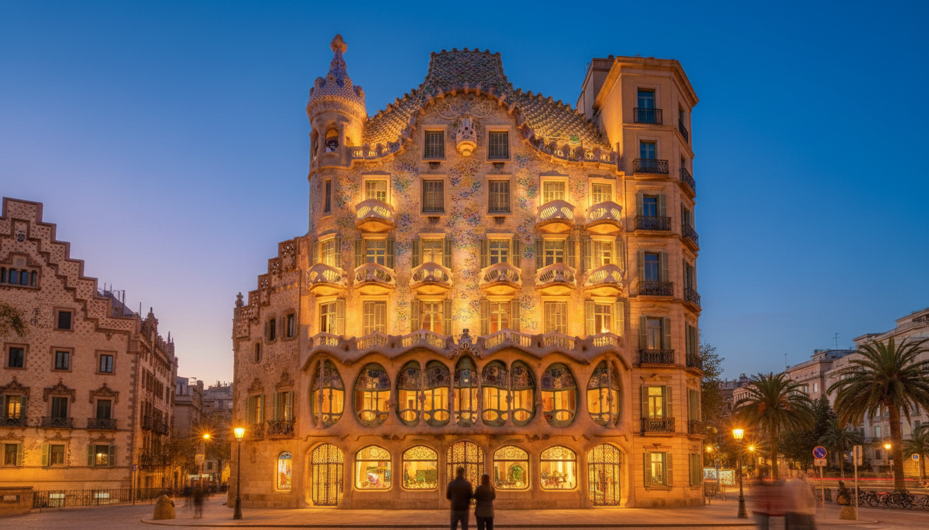 Casa Batlls faade at twilight, illuminated from within, showing the skull-like balconies and organic
