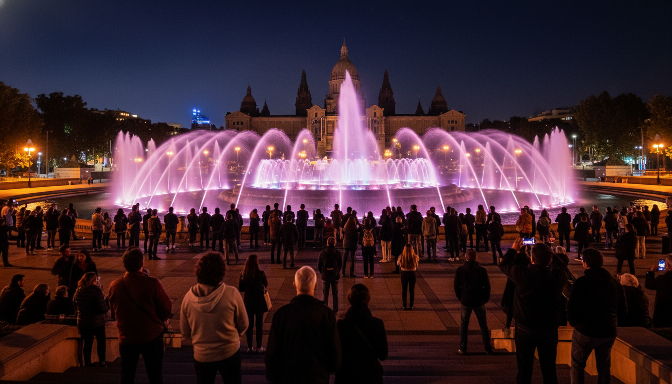 Font Mgica at night with water jets illuminated in purple and pink, the silhouette of the National P