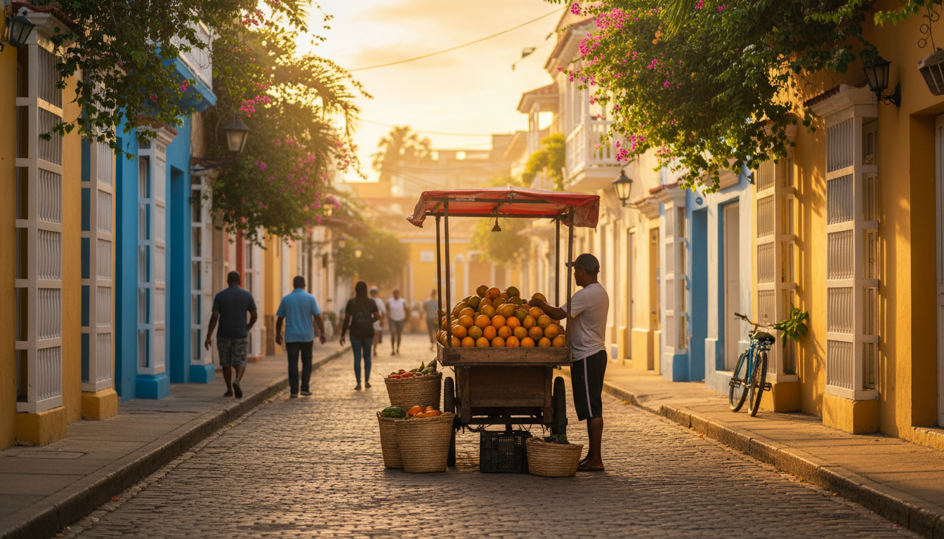 Early morning street scene in Getseman neighborhood with colorful colonial buildings, a fruit vendor