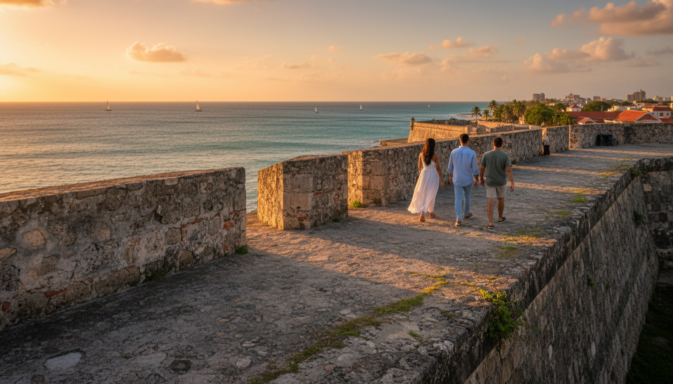 People walking along Cartagenas ancient stone walls at golden hour, Caribbean Sea visible in backgro