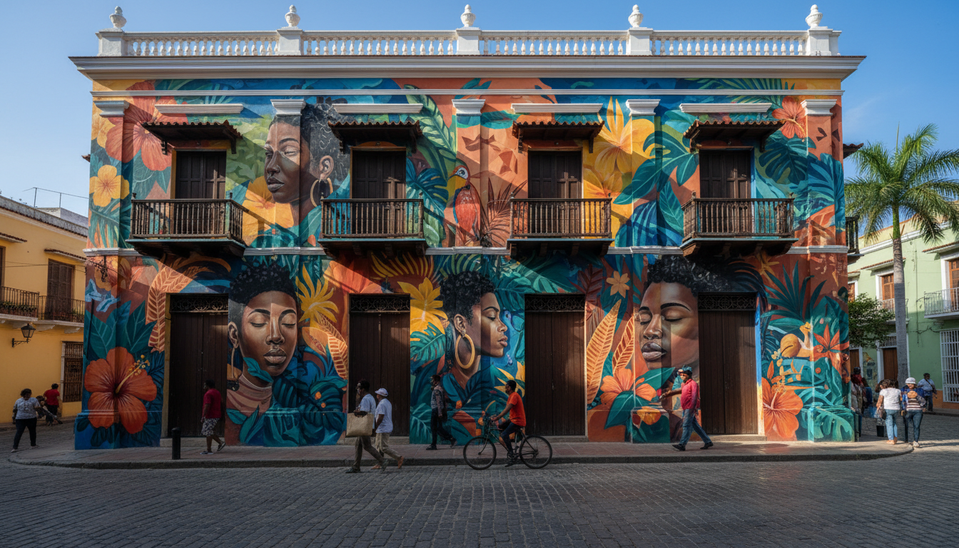 Vibrant street art mural covering an entire building facade in Getseman, featuring Afro-Colombian fa