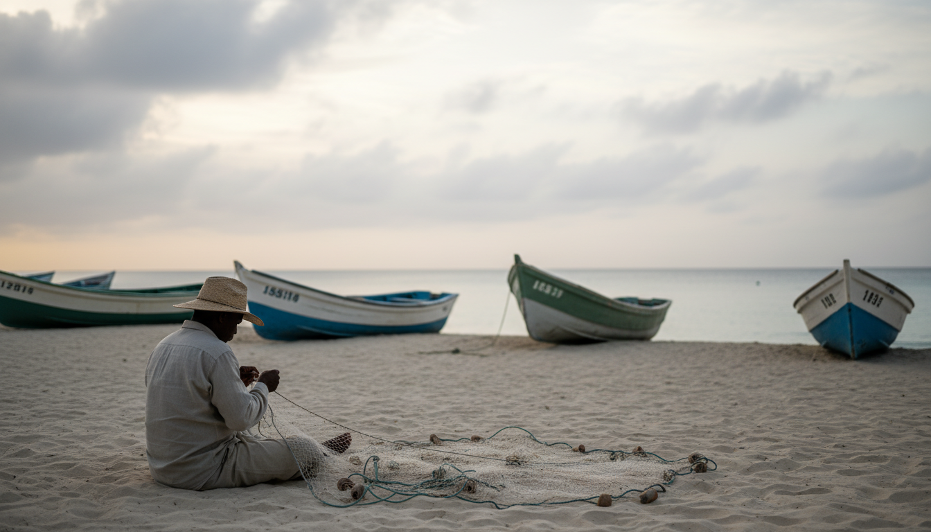 La Boquilla beach with fishing boats pulled up on sand, calm Caribbean waters, local fisherman mendi