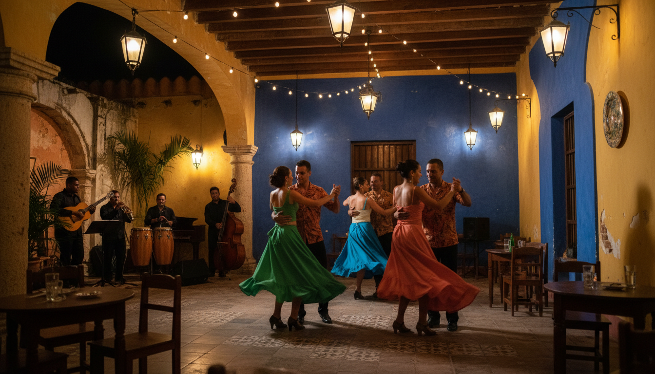 Interior of a traditional Cartagena salsa bar with couples dancing, live band playing in corner, war