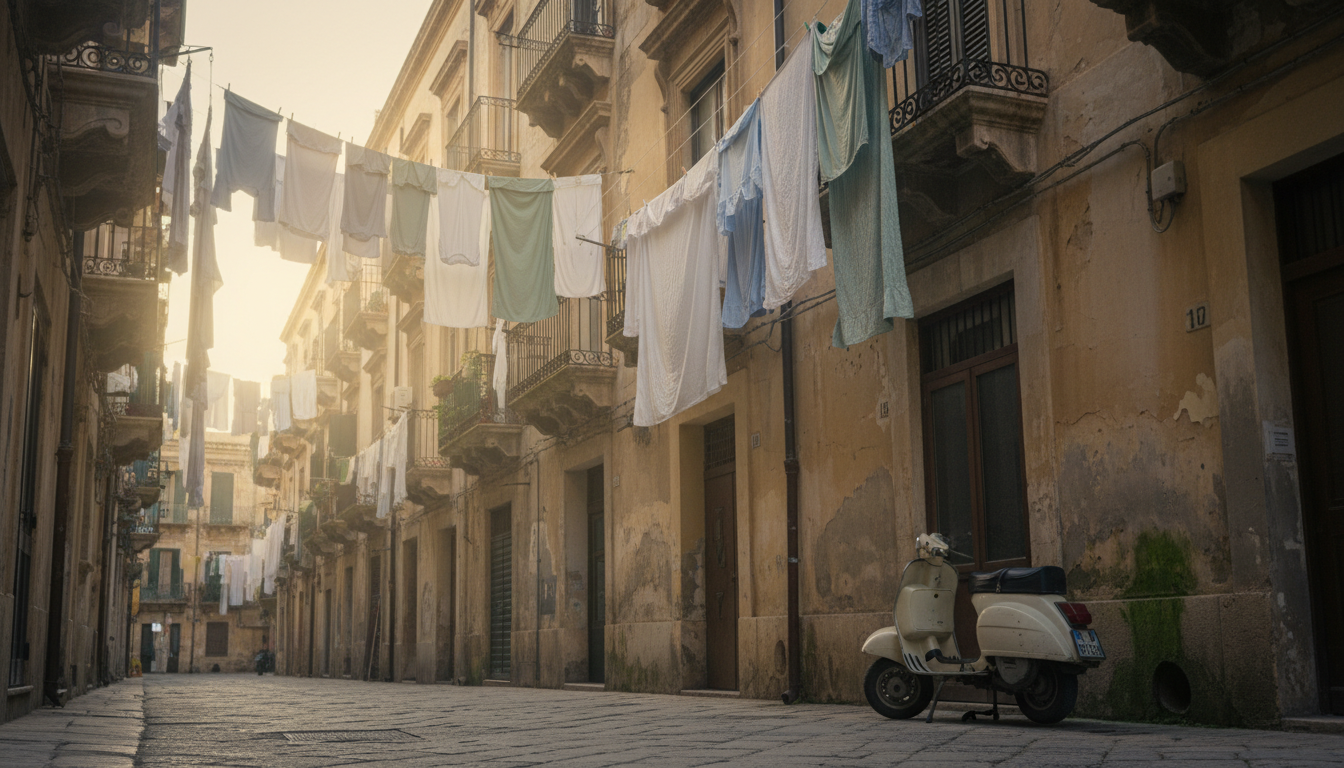 Early morning light filtering through the narrow streets of Palermos Kalsa district, laundry hanging