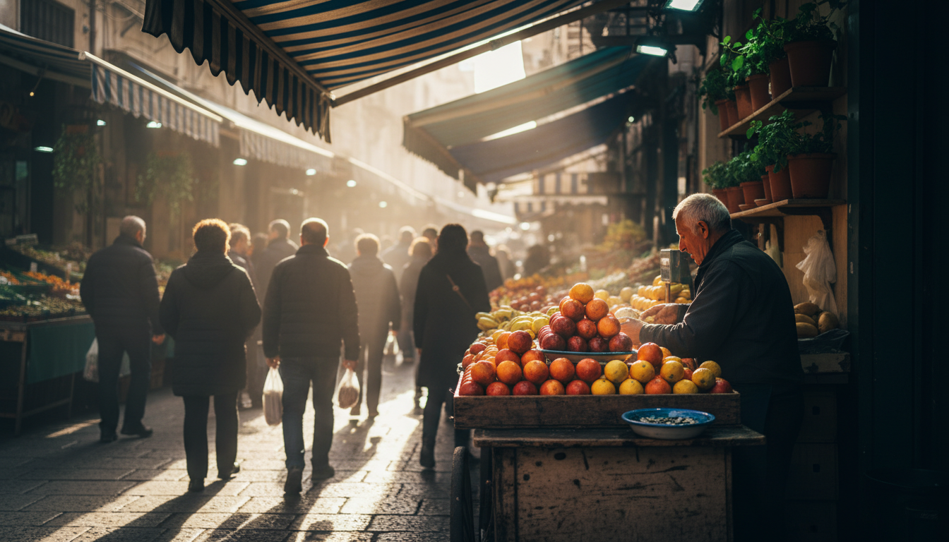 Elderly Sicilian vendor arranging pyramids of blood oranges and lemons at Ballar market, morning sun