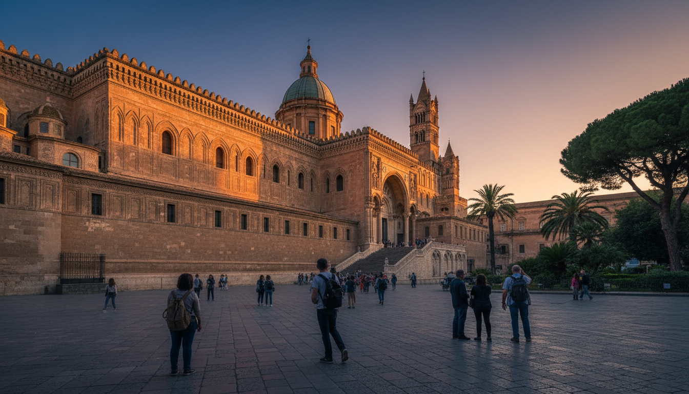 The Arab-Norman exterior of Palermo Cathedral at golden hour, showing the intricate geometric patter
