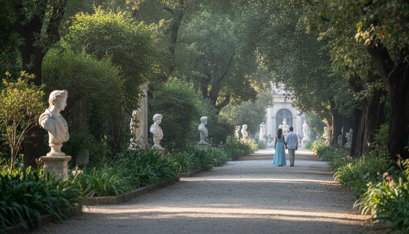 A shaded path in Villa Giulia garden with dappled sunlight, baroque statues visible through the foli
