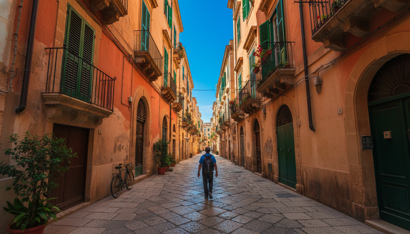 A narrow street in the Kalsa district with weathered palazzo facades in warm ochre and terracotta, g