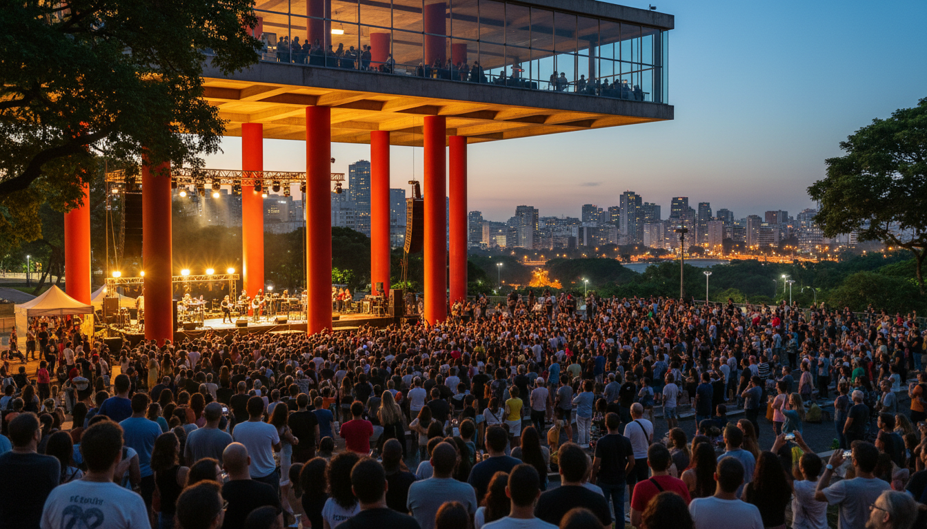MASPs distinctive red-pillared architecture at dusk with crowds gathering underneath for a free outd