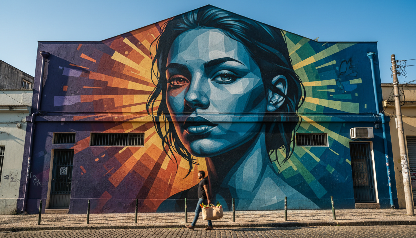 Massive colorful mural covering an entire building facade in Vila Madalena, depicting a womans face