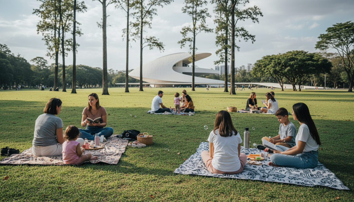 Families relaxing on blankets in Ibirapuera Park on a sunny Sunday afternoon, with Niemeyers curved