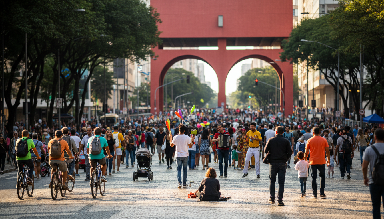 Avenida Paulista on a car-free Sunday, packed with pedestrians, cyclists, and street performers, wit
