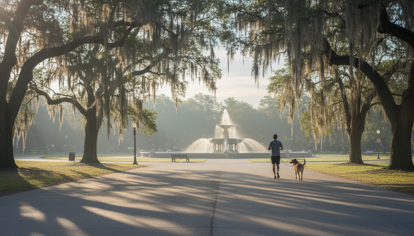 early morning light filtering through Spanish moss on oak trees in Forsyth Park, with a jogger and d