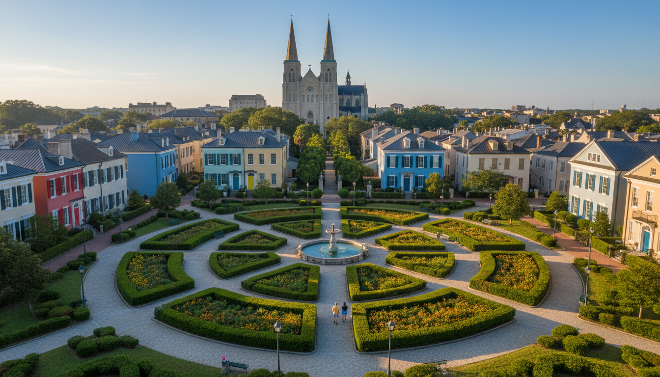 aerial view of Lafayette Square showing the geometric garden layout, surrounding historic homes with