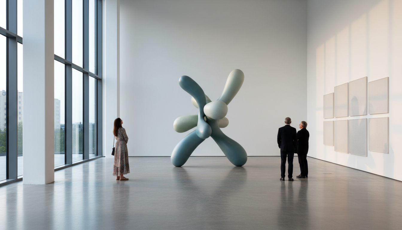 interior of a contemporary art gallery with high ceilings and white walls, featuring a large abstrac