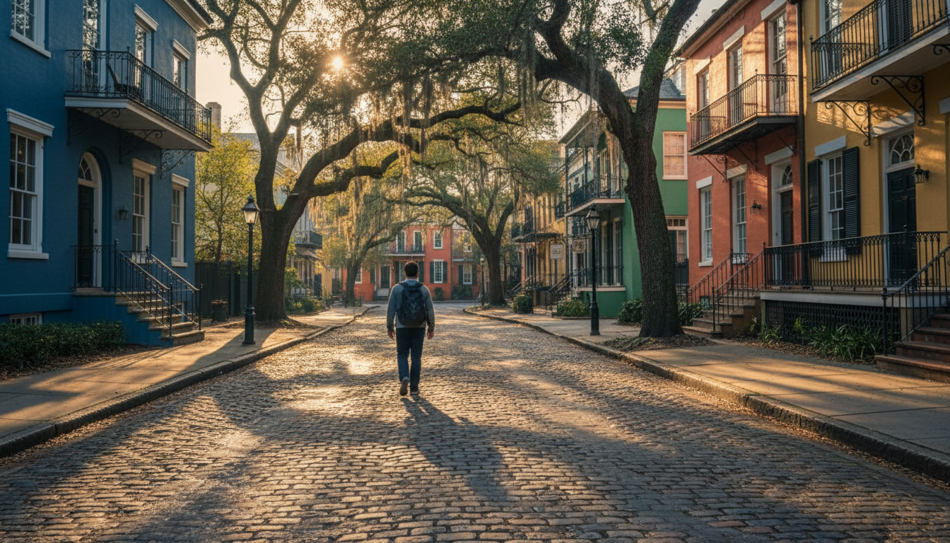cobblestone street in Savannahs Historic District with a lone walker passing colorful row houses, mo