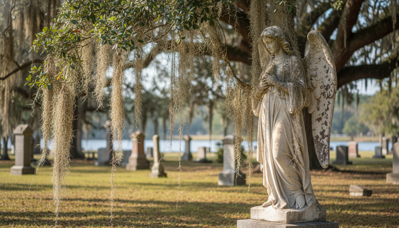 weathered marble angel statue in Bonaventure Cemetery, partially obscured by hanging Spanish moss, w
