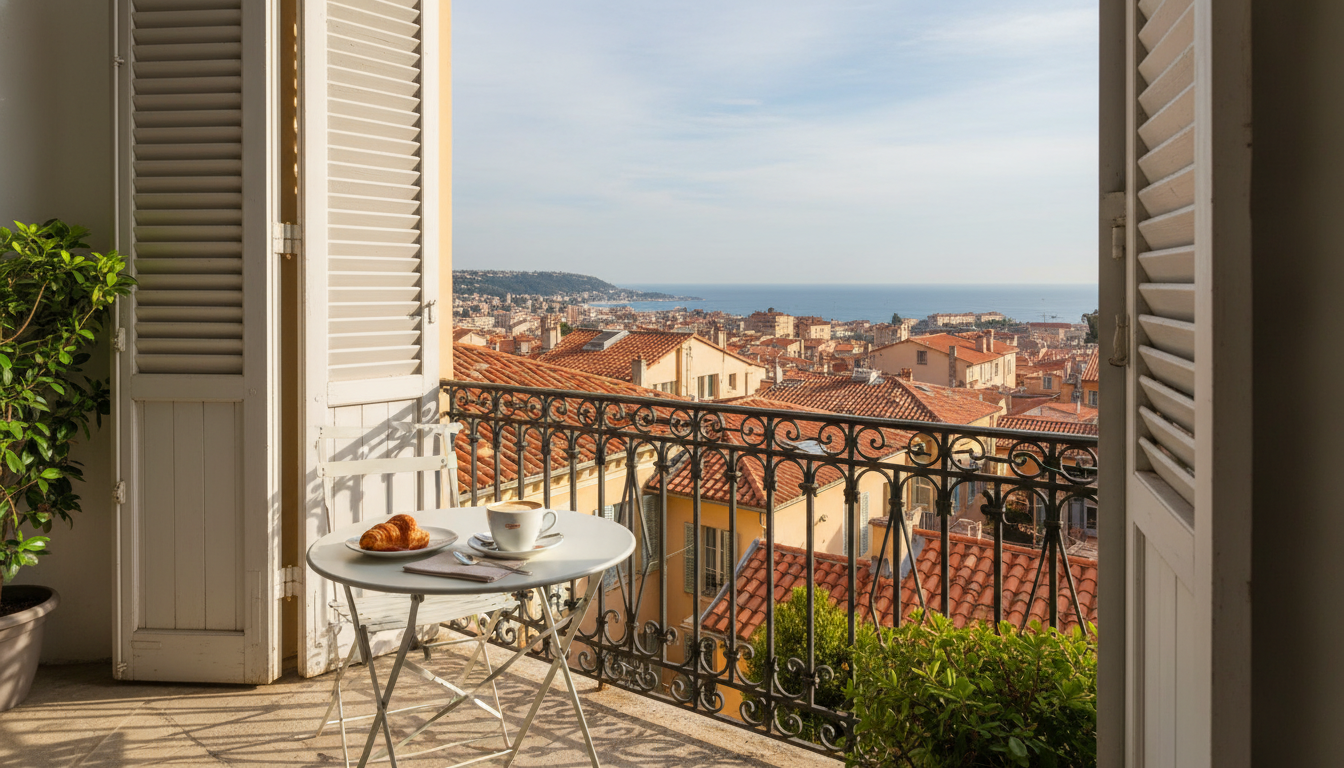 Morning light streaming through shutters onto a wrought-iron balcony in Nices Old Town, with terraco