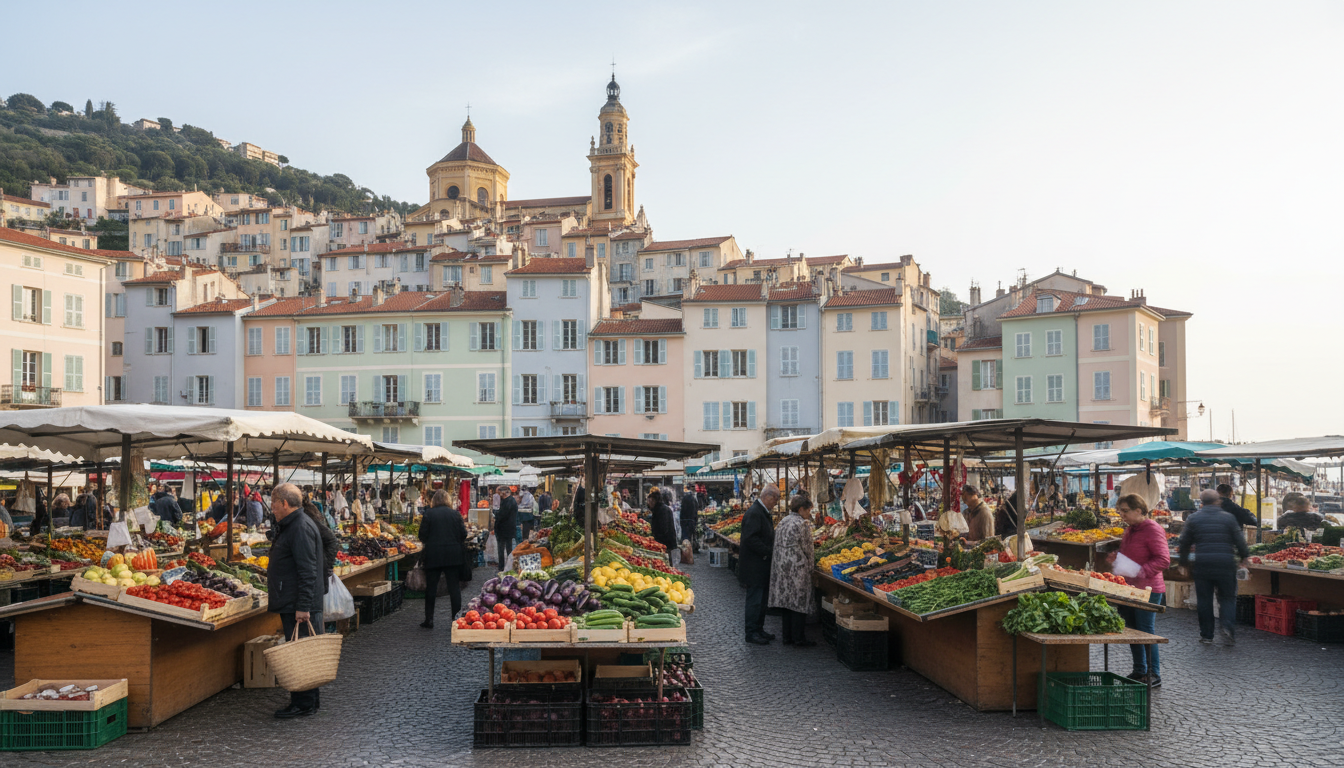 The pastel facades of Mentons old town rising up the hillside, with the Basilique Saint-Michel-Archa
