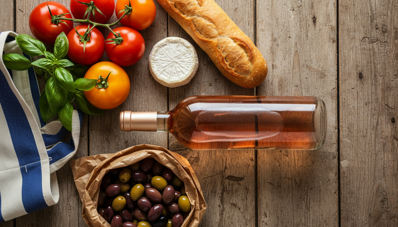 Flat lay of a French market haul on a rustic wooden table ripe tomatoes, fresh basil, a round of chv