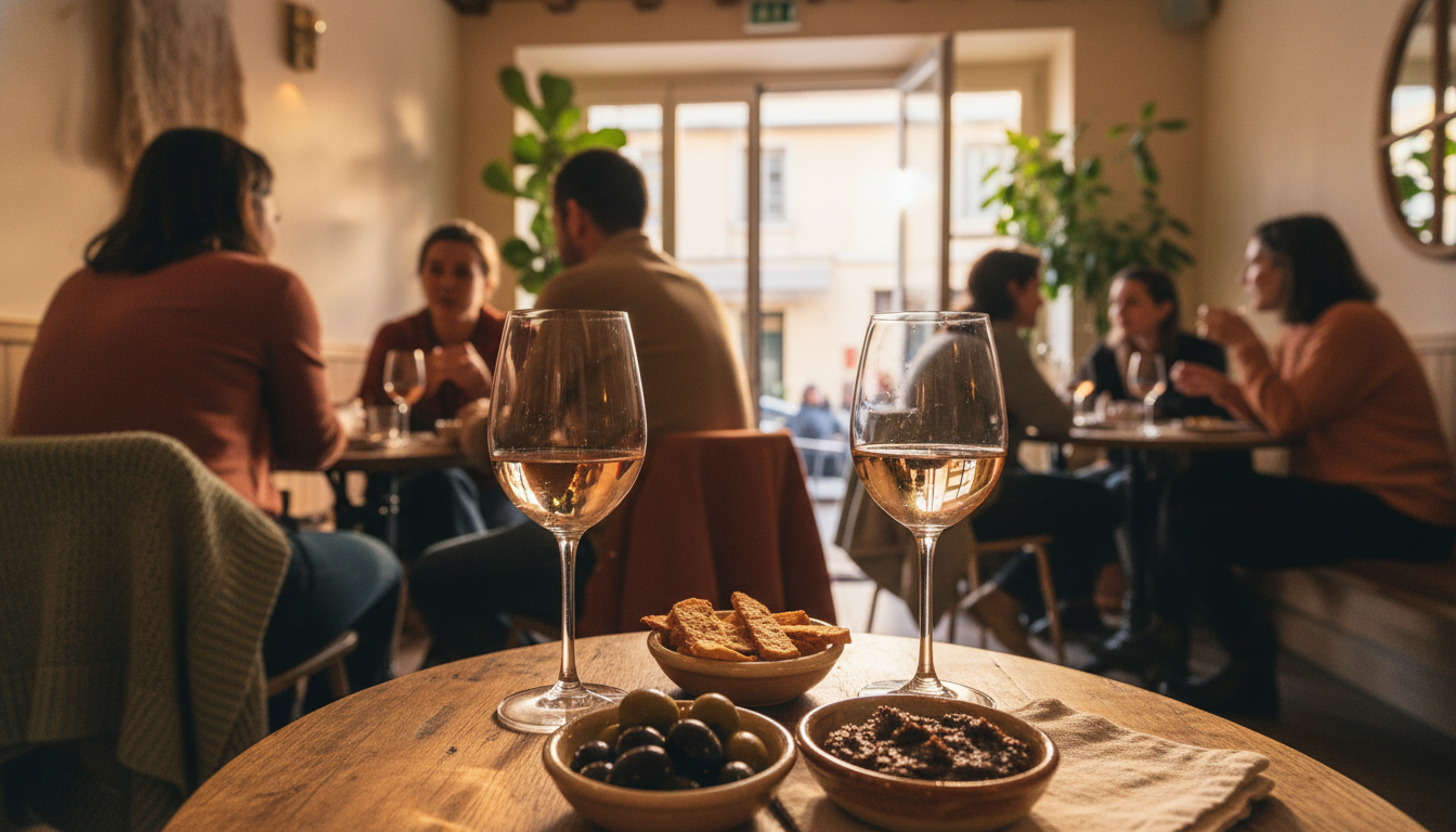 Evening aperitivo scene at a small Nice bar two glasses of pale ros, small dishes of olives and tape